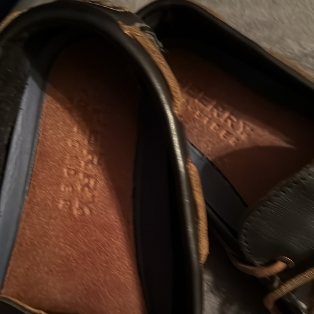 Sperry Black Leather Boat Shoes with Tan Laces - Picture 2 of 4